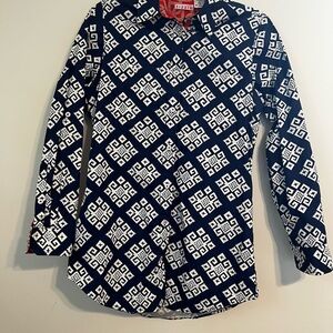 Tizzie White and Blue Casual Button Down Shirt with Geometric Pattern